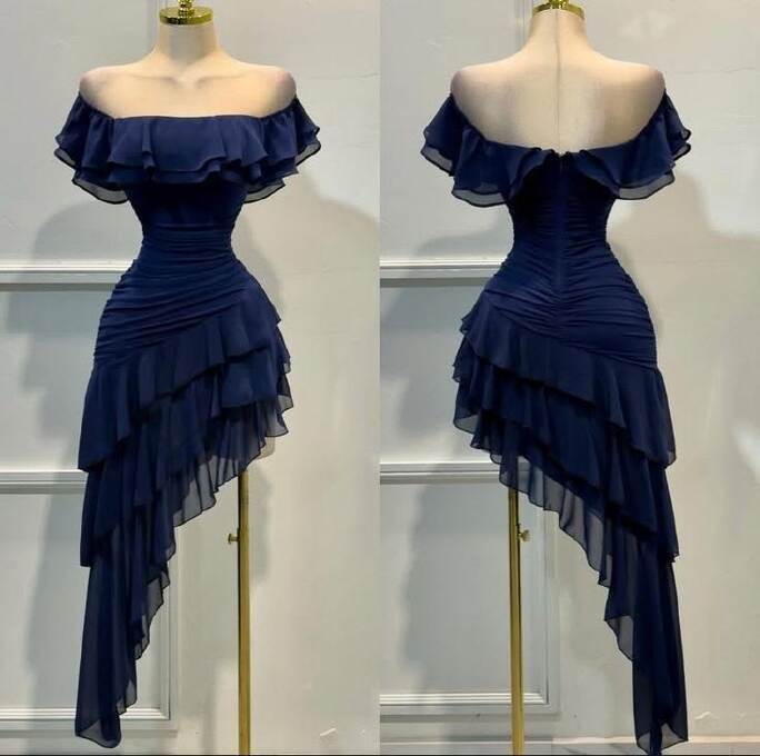 Midnight Ruffle Off-Shoulder Evening Gown PDF Pattern — Asymmetric Tiered Cocktail Dress with Corset Back