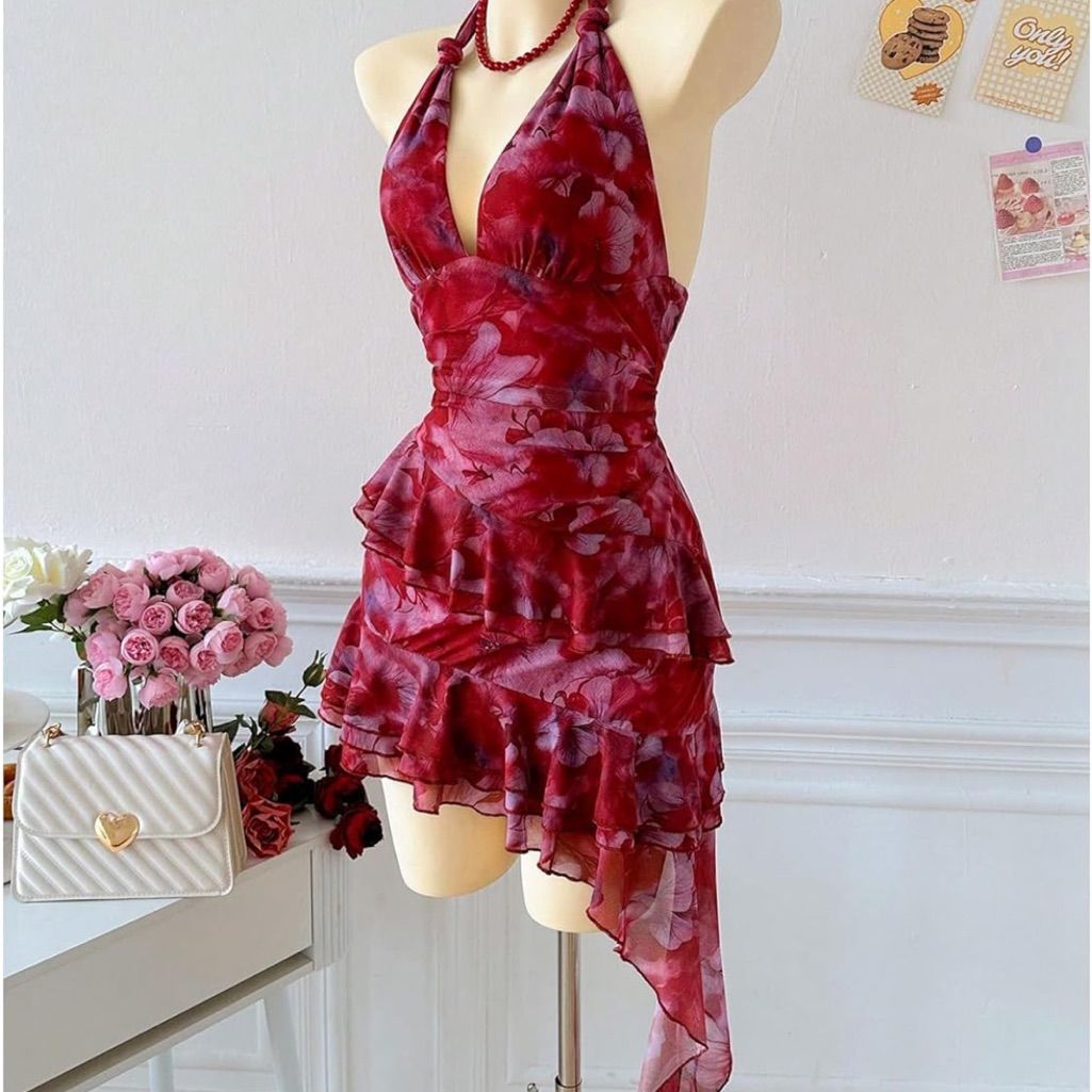 Amarantia Halter Tiered Ruffle Mini Dress PDF Pattern — Open Back Summer Wedding Dress