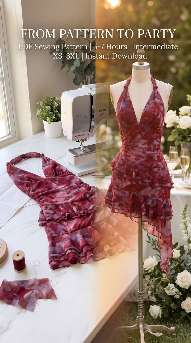 Amarantia Halter Tiered Ruffle Mini Dress PDF Pattern — Open Back Summer Wedding Dress