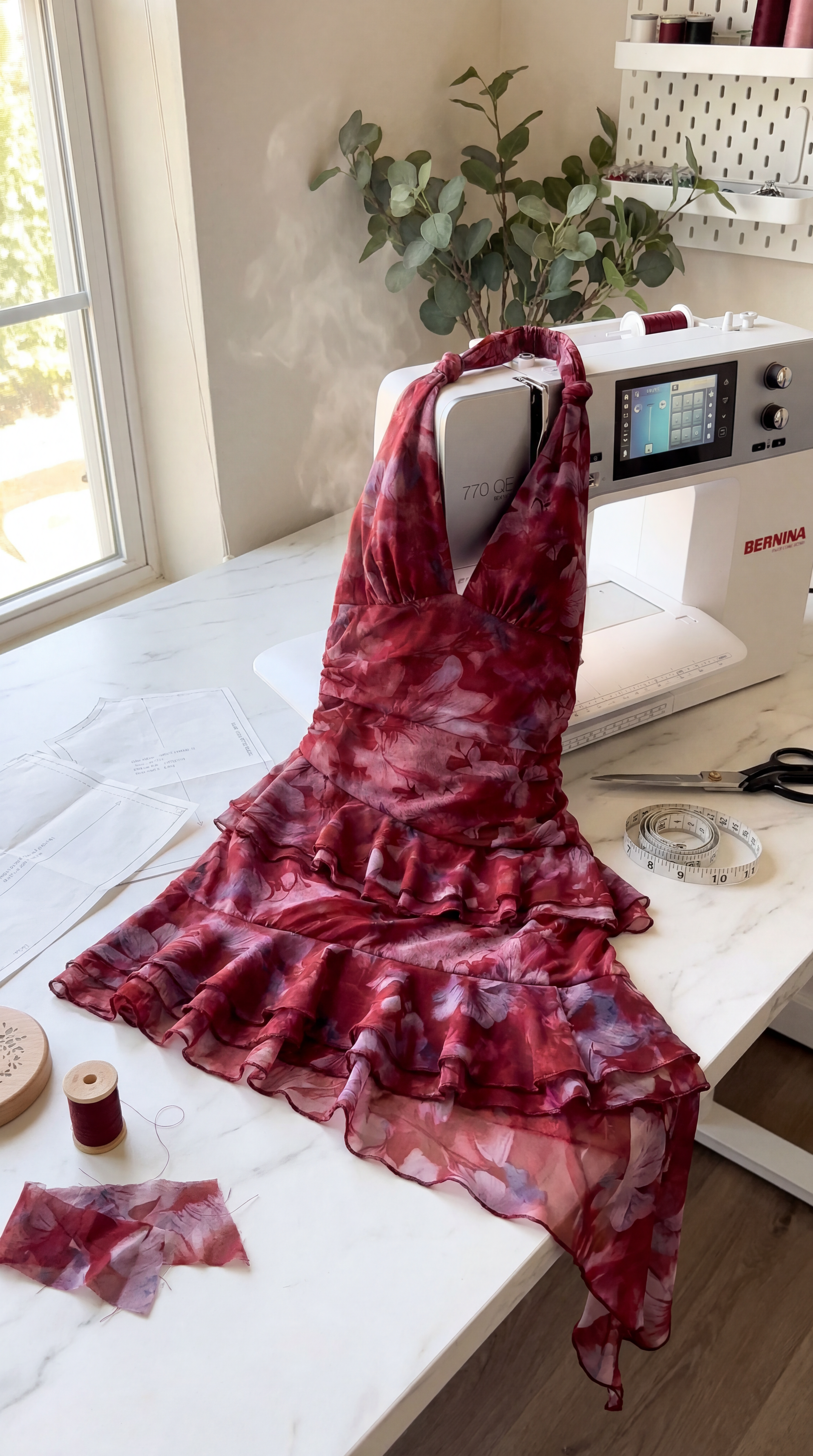 Amarantia Halter Tiered Ruffle Mini Dress PDF Pattern — Open Back Summer Wedding Dress